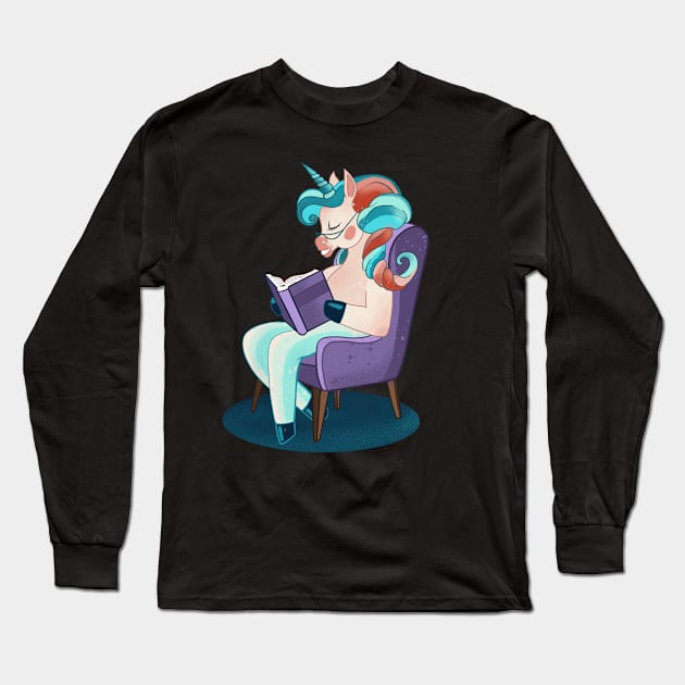 Unicorn Reading Long Sleeve T-Shirt by LetsBeginDesigns